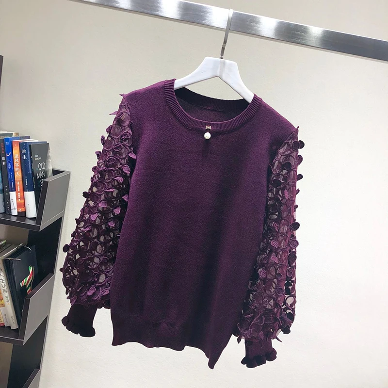 

Women Autumn Winter Knitted Pullover And Sweater Female 3D Embroidery Lace Patchwork Lantern Sleeve Fashion Sueter Mujer