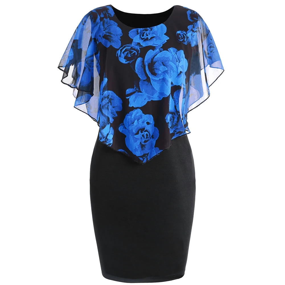 Plus Size M-5XL Elegant Office Lady Rose Flower Print Cape Bodycon Knee Length Dress Vestidos Summer Dresses Causal Clothing | Женская