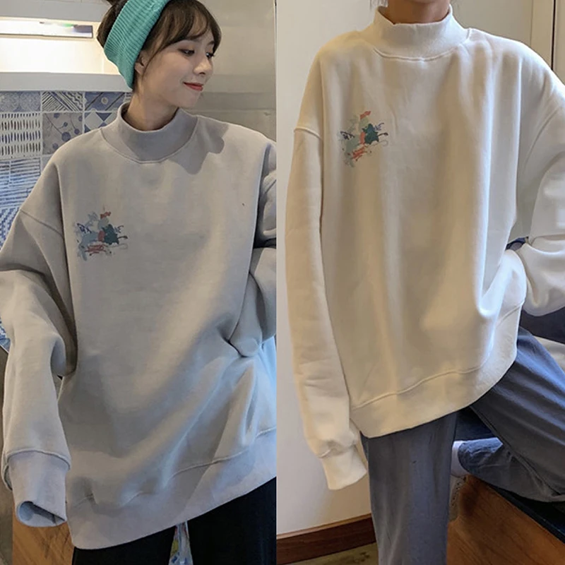 

Oversized Velvet Warm Hoodies Women's Clothes Tops Harajuku Printed Turtleneck Kawaii Pullover Korean Style Sweatshirt