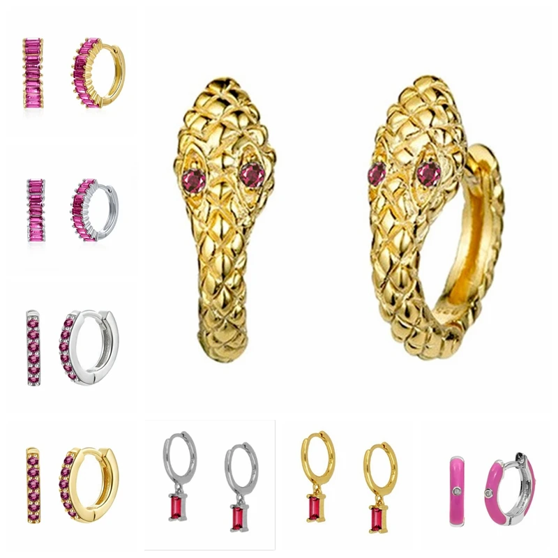 Aide Prevent Allergies S925 Silver Hoop Earrings for Women Red & Pink CZ Crystal Huggie Earring 2021 Trend Jewelry Bijoux femme