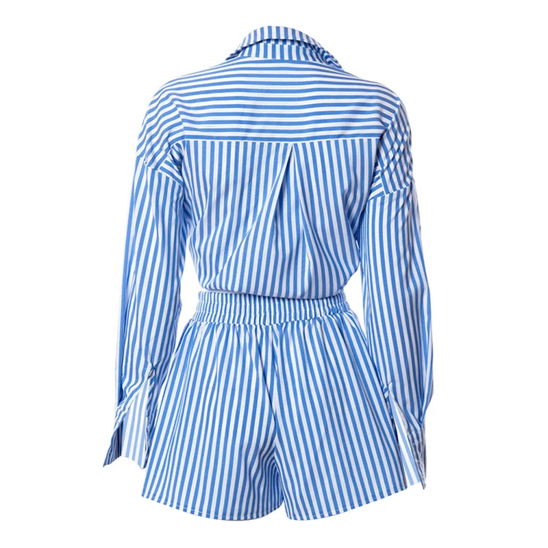 

3 Color Women Fashion 2Pcs Clothes Set Stripe Printed Turn-down Collar Tops +Shorts Set Female Summer Outfits