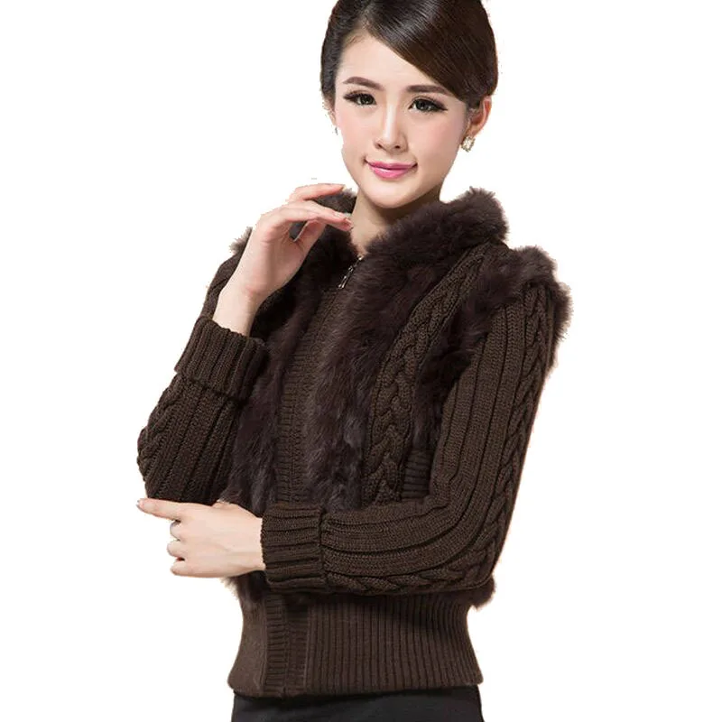 2021 new Ladies Real Fur Rabbit Fur Sweater Coat Short Knitted Wool cardigan Hooded Spring And Autumn
