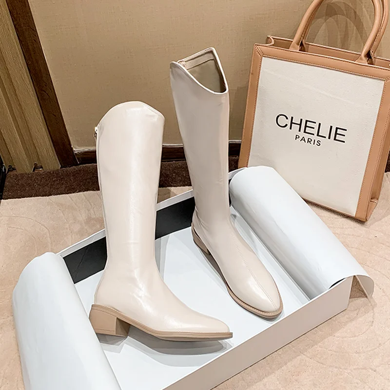 

2021 Winter New Zipper All-match Casual Boots Knight Boots Women Pointed Toe Women's Shoes Knee-High Boots Wedges Shoes