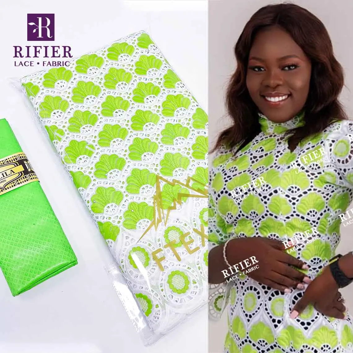 

Green Embroidered Swiss Voile Lace And White Bazin Riche Fabric For Ankara Women Traditional Celebration Top Class Dry Lace