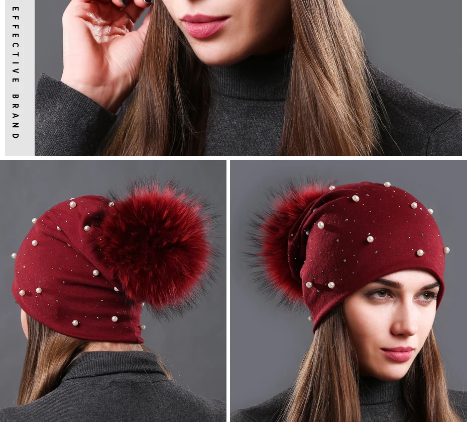 New Women's Pearls Beanies Winter Causal Solid Rhinestone Pearl Slouchy Beanies Hat with Raccoon Fur Pompom Femme Black Cap