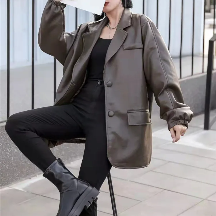

Корейская мода 2021 осеннее длинное кожаное пальто для женщин с длинным рукавом и отворотом свободное повседневное стильное корейское