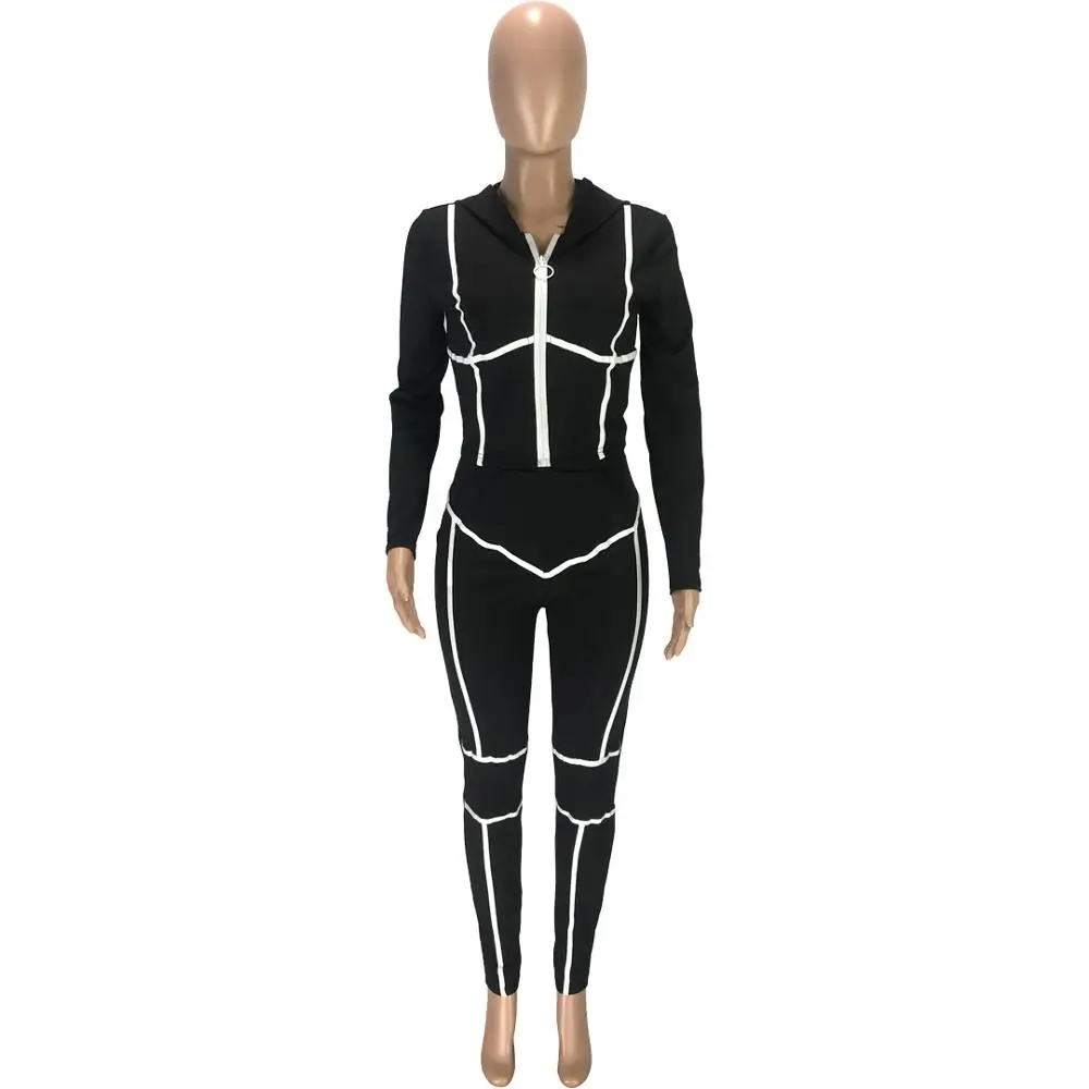 

Striped Women Casual Hooded Tracksuits Fashion Zipper Short Coat High Waist Skinny Leggings Two Piece Sets Fitness Plus Size