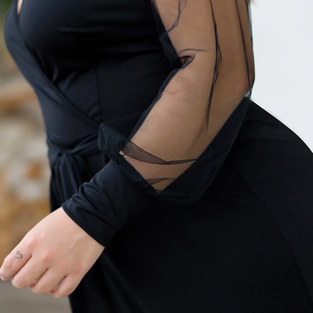 Женский комбинезон черного размера плюс повседневный сетчатый с длинным рукавом