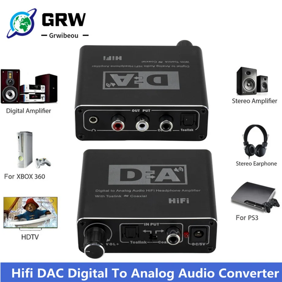 

HIFI DAC Amp Digital To Analog Audio Converter Decoder 3.5mm AUX RCA Amplifier Adapter Toslink Optical Coaxial Output DAC 24bit