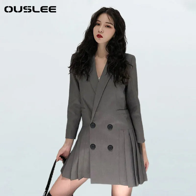 

OUSLEE Summer French Style Women Dress Long Sleeve Double Breasted Chic High Waist Mini Sexy Vintage Ins Girls Streetwear