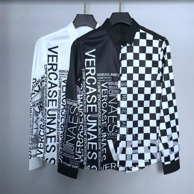 

2021 new men's long sleeve shirt Korean youth slim fit splicing black and white plaid printed shirt fashion night show