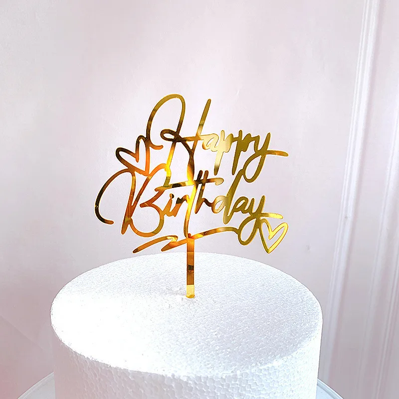 Promotional Happy Birthday Cake Topper Gold Acrylic Flowers For Party Decorations Dessert Supplies|Товары для украшения