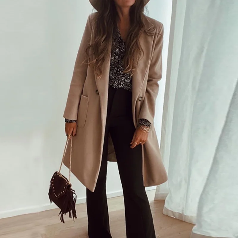 

2020 Autumn Women Woolen Jackets Coat Female Solid Color Casual Mid-Length Coat Elegant Long Sleeve Office Lady Outerwear Coats