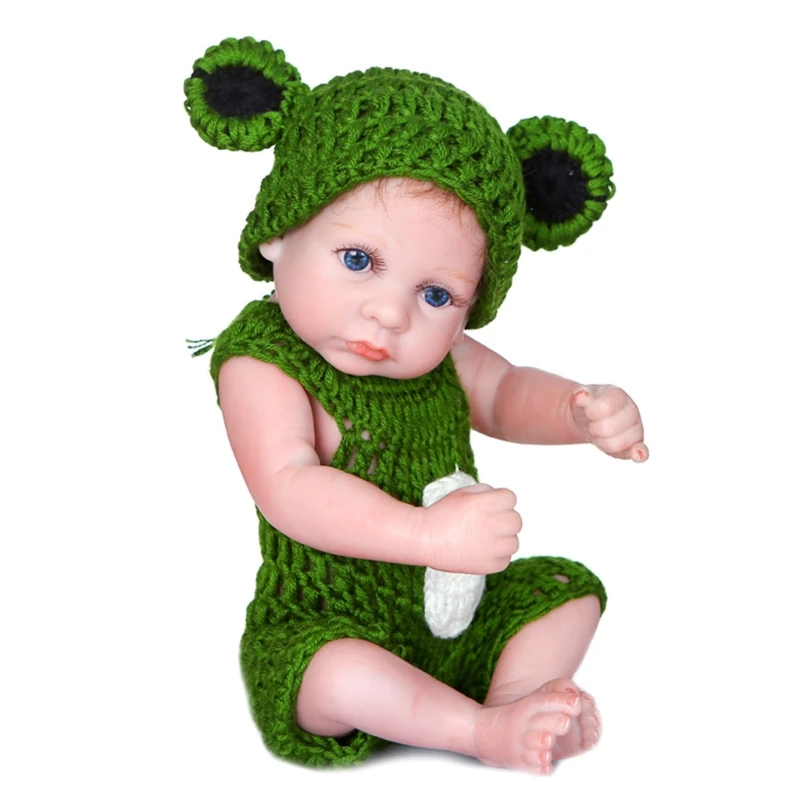 

K3NE 26cm Mini Lifelike Baby Girl Blue Eyes Green Pajamas Soft Vinyl Silicone Toddler