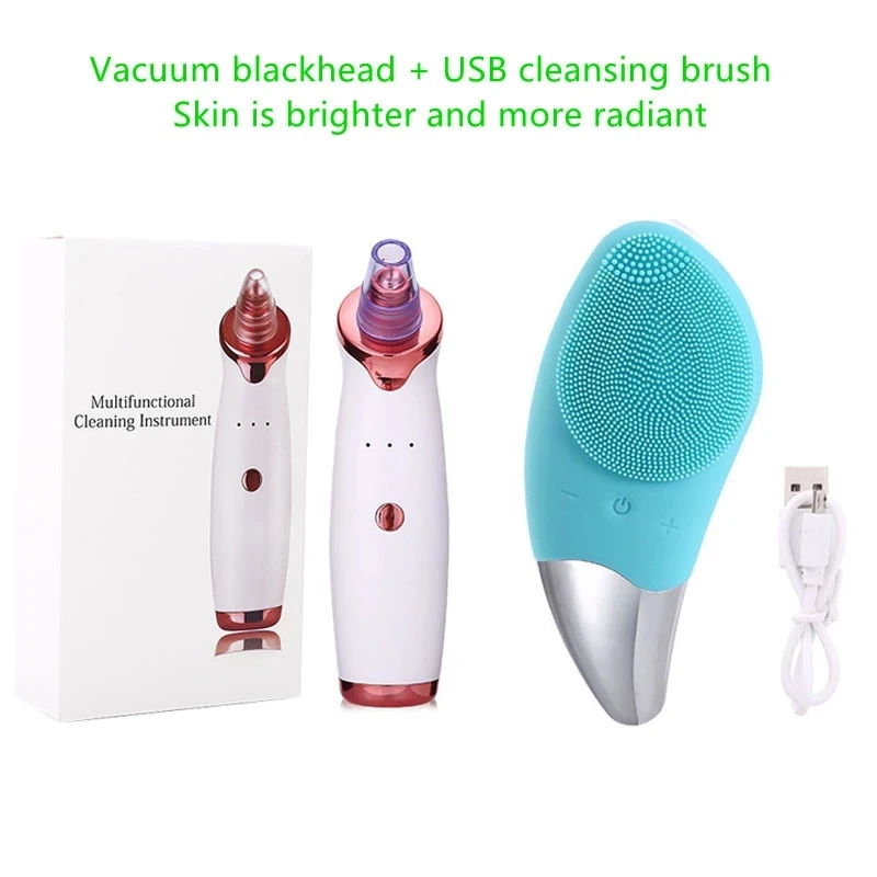 Electric Blackhead Acne Removal Vacuum Suction Facial Pore Cuticle + Electric Silicone Cleansing Brush Electric USB Portable