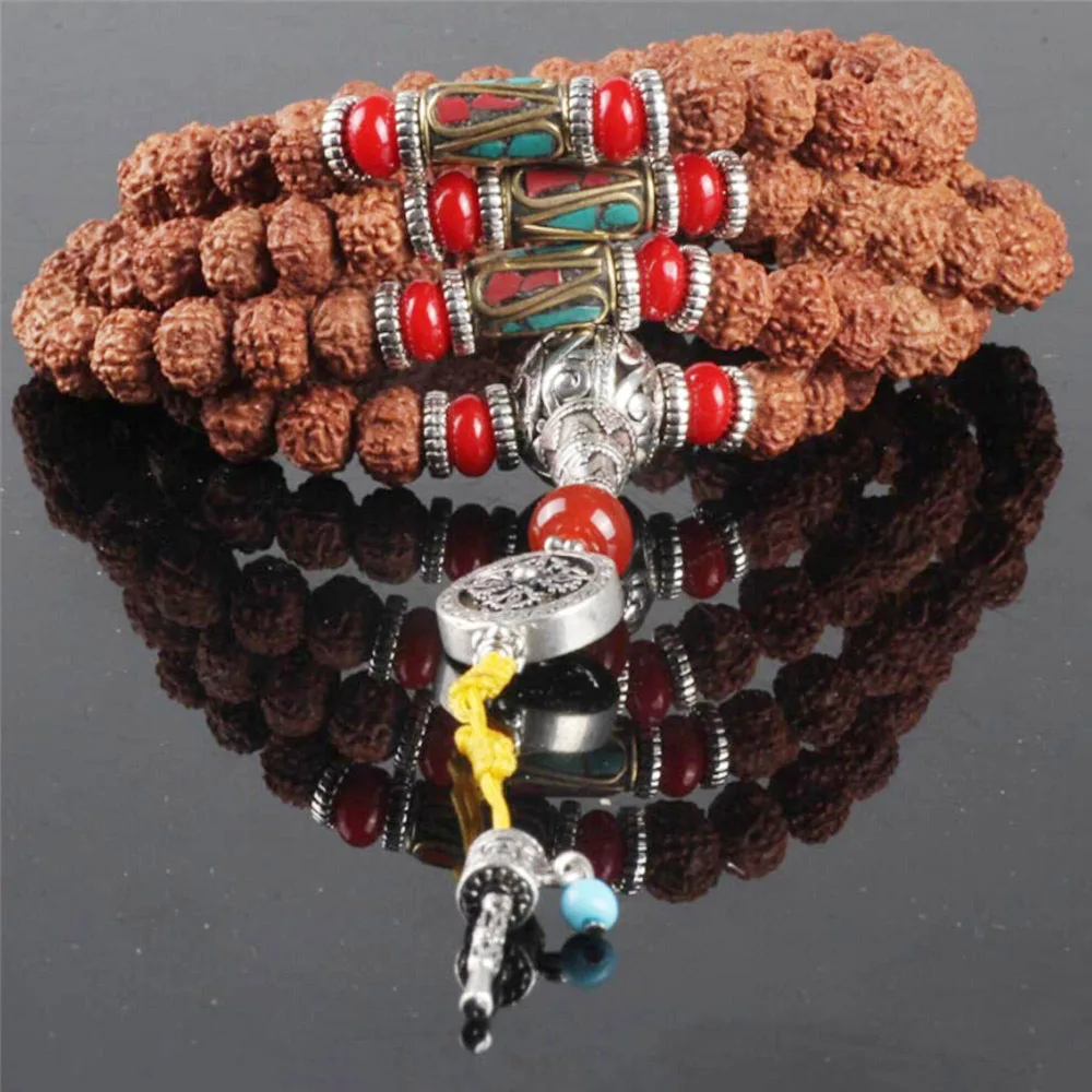 

Wholesale Natural Round Tibetan Five-petal Rudraksha 108 Beads Prayer Bracelet with Tibetan Silver Accessories for Man or Women