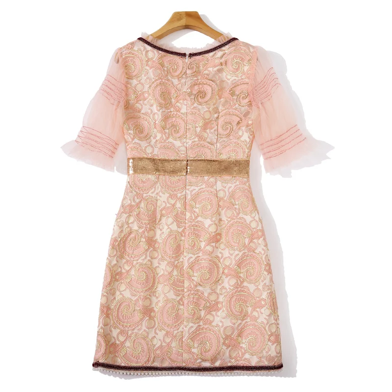 

Fashion Designer Summer New Women'S Exquisite Beaded Embroidery Sexy Square Collar Net Yarn Patchwork Short Sleeve Elegant Dress