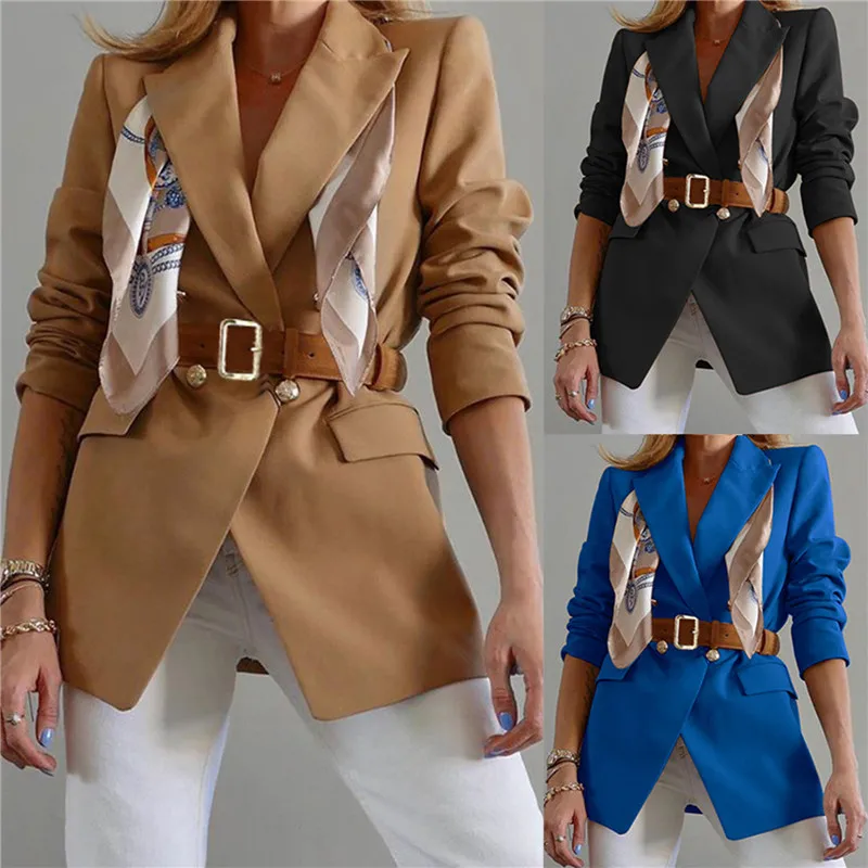 

Solid Color Tailored Collar Long Sleeve Greatcoat with Waistband for Women office lady Khaki/Black/Blue F2020 Female Suit Jacket