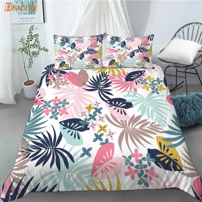 Juego de ropa de cama con estampado de hojas de palmera, edred&oacute;n de 3 piezas con dise&ntilde;o sin costuras, funda de almohada, Textiles para el hogar, 1009-1