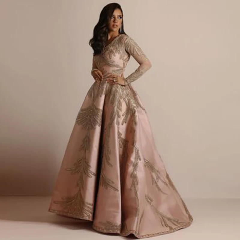 

Spring Fashion High Street Style Long Dresses Long Sleeve V-neck Dresses Appliques Floor-length Long Dress