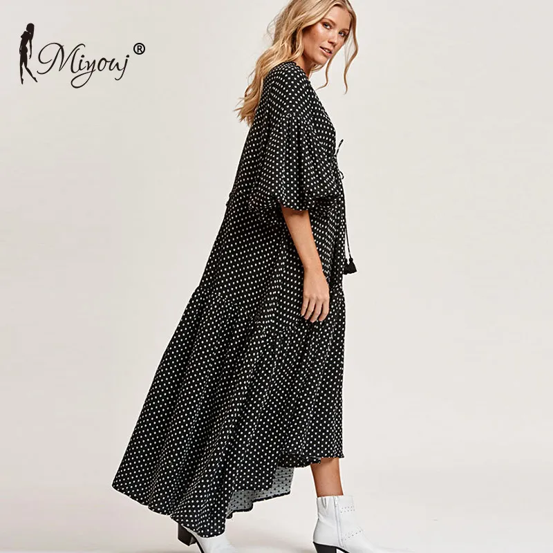 Miyouj модное пляжное платье в горошек с v-образным вырезом и пышными рукавами