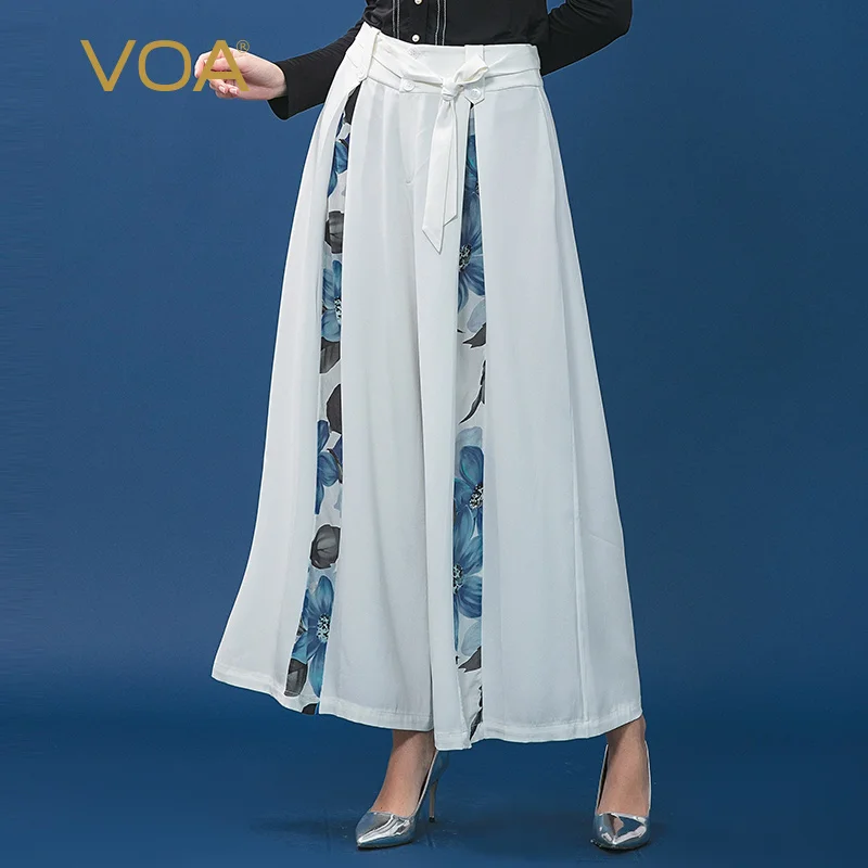 

VOA Simple Flowers Loose Silk Trousers White Casual Culottes with Belt Office Ladies Pantskirt All-match Wide Leg Pants K1007