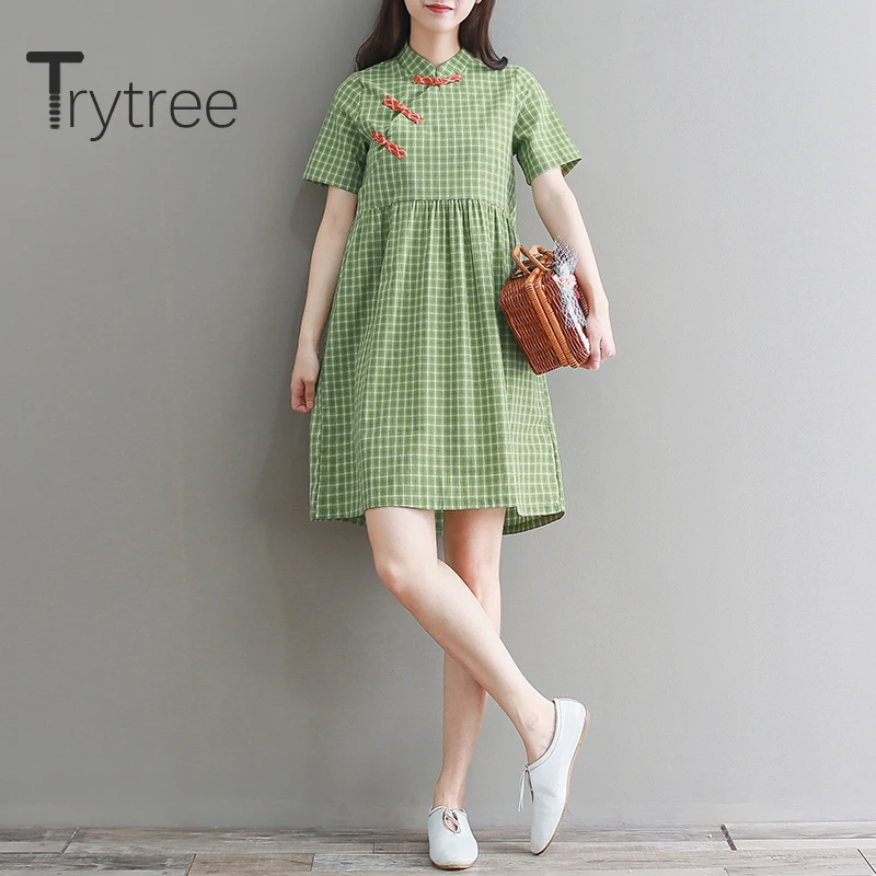 

Trytree Summer Women Casual Dress Stand Collar Plaid 2 Color Dress High Waist Vintage Elegant Temperament A-line Mini Dress
