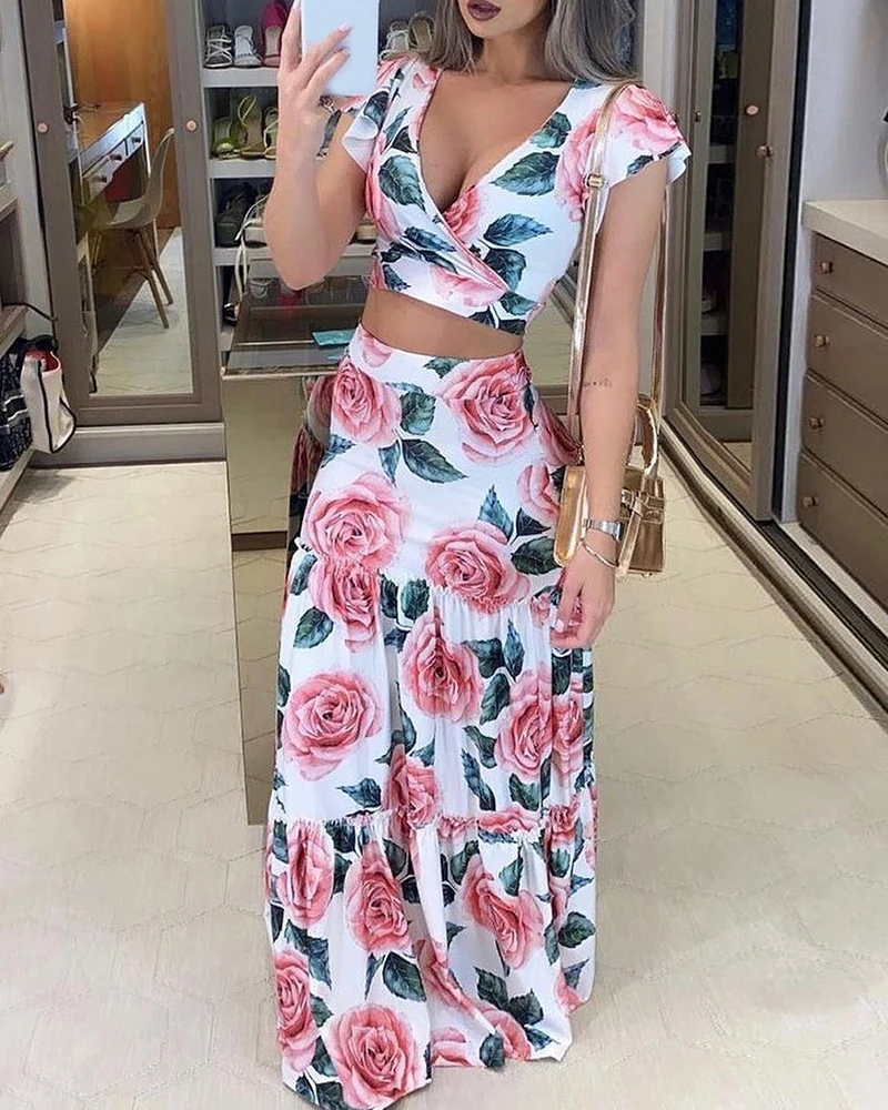 

Женский пляжный комплект с юбкой, повседневный укороченный топ с рукавом-бабочкой и длинная юбка с цветочным принтом, лето 2021