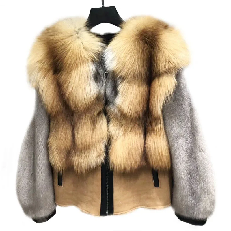 100% Real Fur Coat Women's High Quality Natural Fox Leather Jacket Luxury Whole Skin Mink Sleeve Silver | Женская одежда