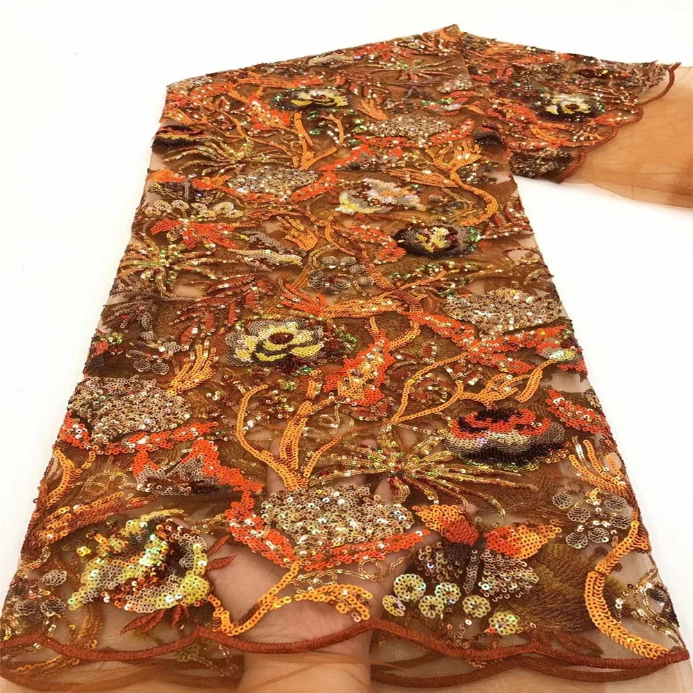 

African flower Sequin Lace Fabric High Quality Burning orange Lace French Tulle Lace Fabric Nigerian Lace Fabrics RuF340-334