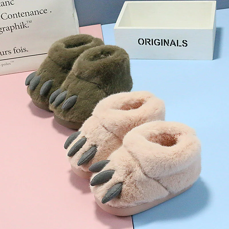 

Winter Cute Paw Boys Girls House Slippers Plush Warm Thick Indoor Shoes For Kids Solid Anti Slip Soft Bottom Children Slippers
