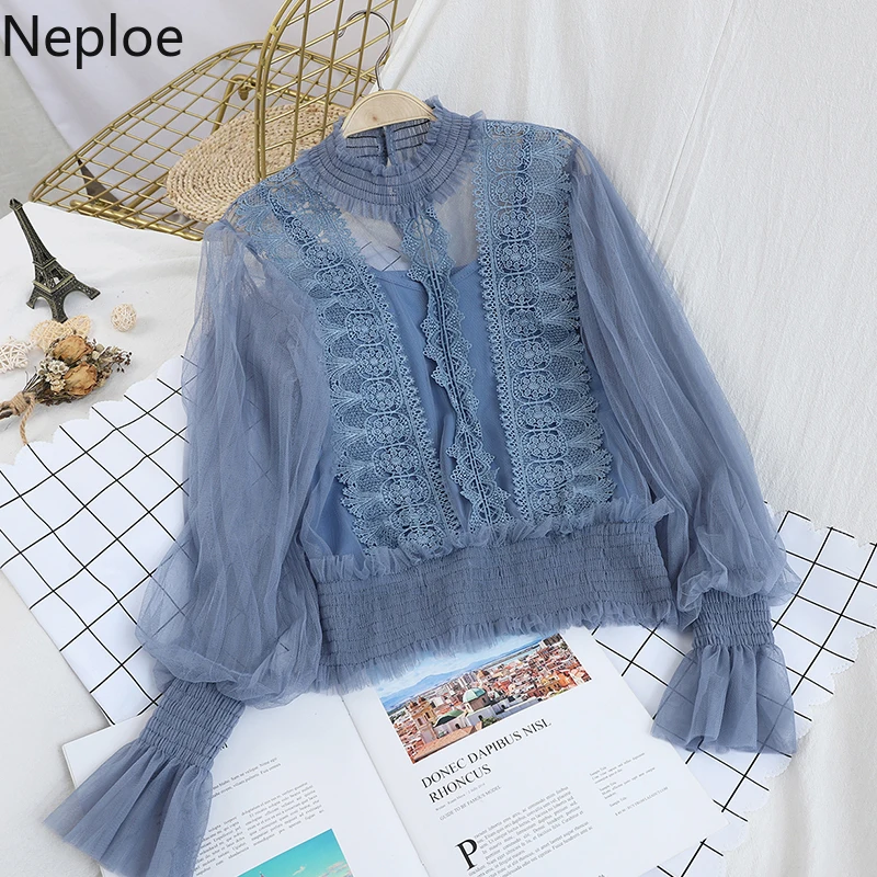 Neploe Корейская кружевная блузка со стоячим воротником с длинными рукавами и