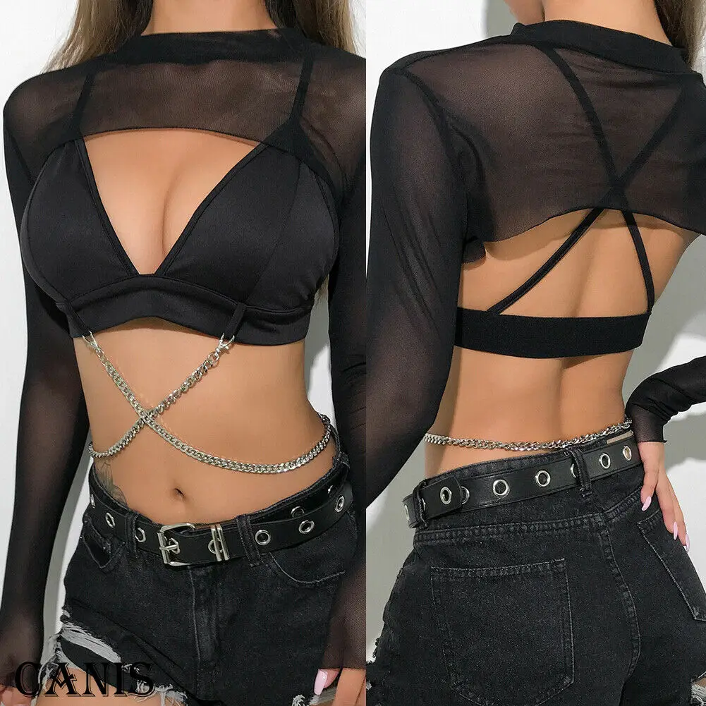 2019 женская прозрачная ткань с длинным рукавом футболка топы Клубная одежда