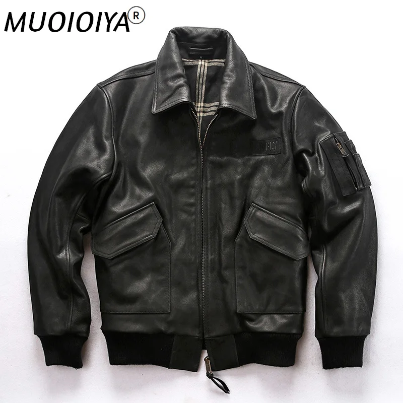 

AVIREXFLY 2021 New Men Black Genuine Cow Leather Jacket Fashion Pilot Jackets Plus Size XXXXL 100% Real Cowhide Winter Coats