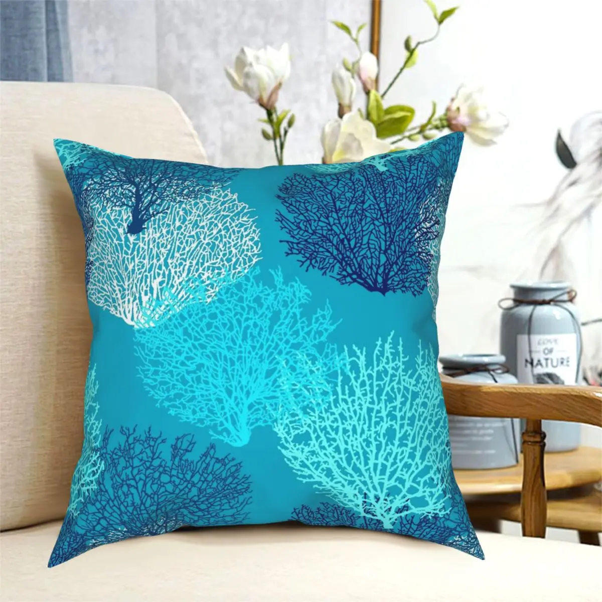 Fan Coral Turquoise Aqua Cobalt Blue Square Pillowcase Polyester Creative Zip Decor Pillow Case for Sofa Seater Cushion Cover