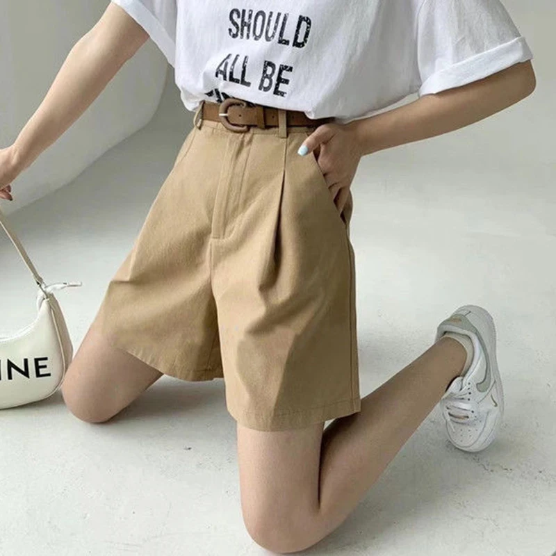 Шорты-карго женские однотонные трапециевидные до колена с высокой талией