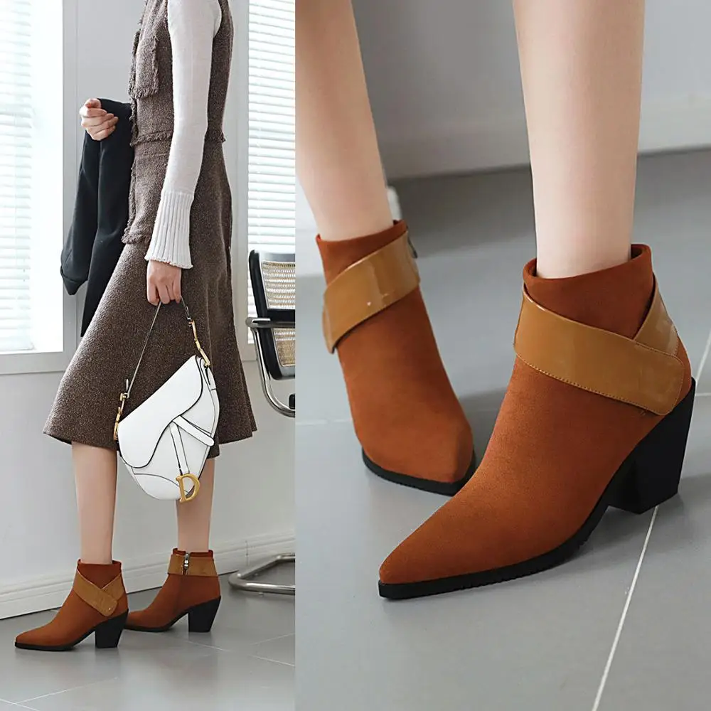 Ankle Boots for Women Autumn Winter Western Cowboy Slip on Wedge High Heel Brown Black Suede Shoes Botas 32-43 | Обувь