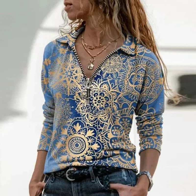 

Women Vintage Geometric Print Blouse Shirt Spring Autumn Casual Long Sleeve Pullover Tops Ladies 3XL Elegant V Neck Loose Blusa