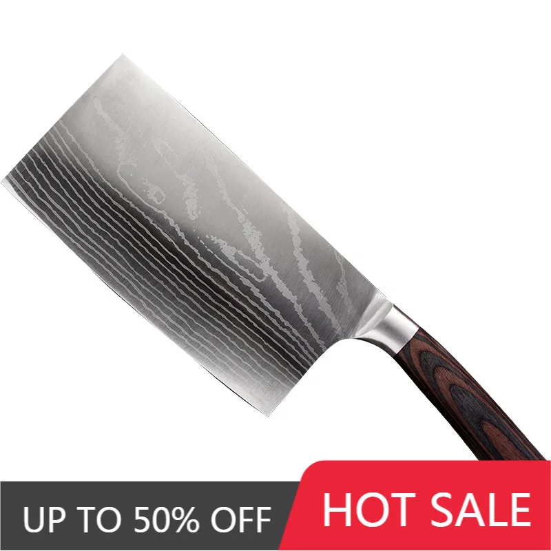 

5Cr1 5mov шеф-нож из нержавеющей стали 7 дюймов лезвие с лазерным Дамасским узором Pakka Деревянная Ручка резак Лучшие Кухонные ножи для готовки