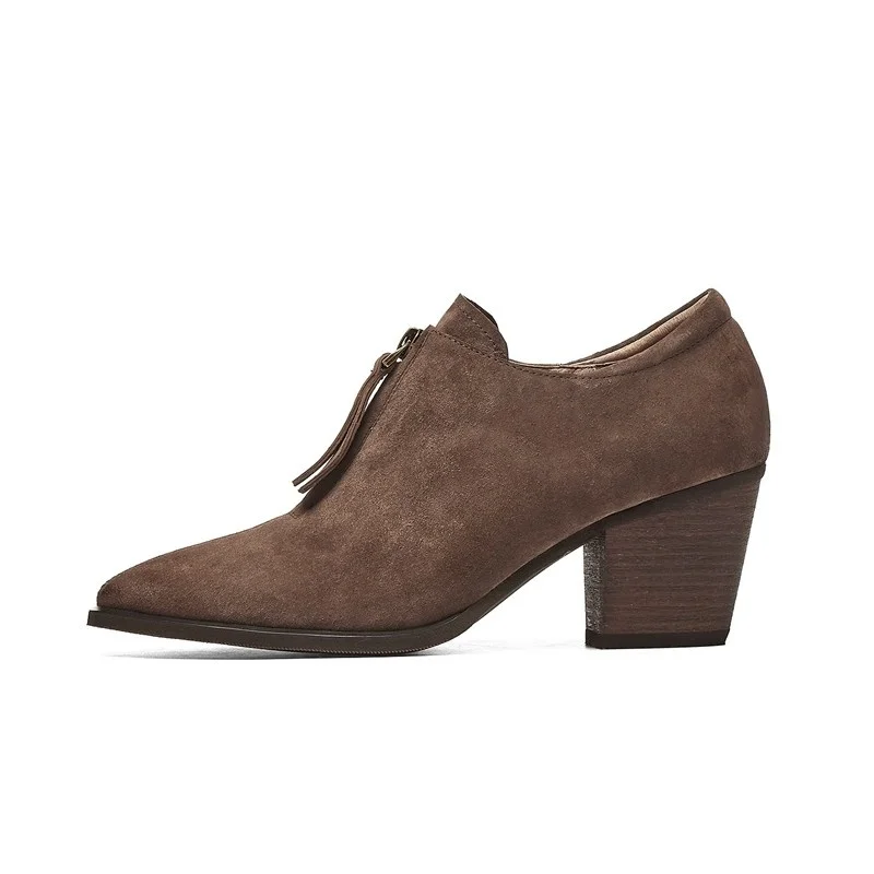 

Women Ankle Boots Pumps Shoes 2021 New Spring Autumn Real Leather Round Toe Front Zipper Chunky High Heels Ladies Big Size 41 42