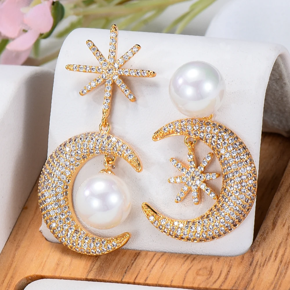 

SORAMOORE Luxury Cute Moon Star Pearls Shiny Earrings for Women Fine Jewelry Full CZ Bridal Wedding Earrings Jewelry GIFT 2022