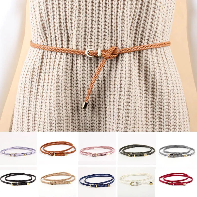 

Vintage Women Stretch Twist Woven Belt Wax Rope Braided Waistband Fashion Casual Female Belt For Jeans Dress Metal Buckle Belts