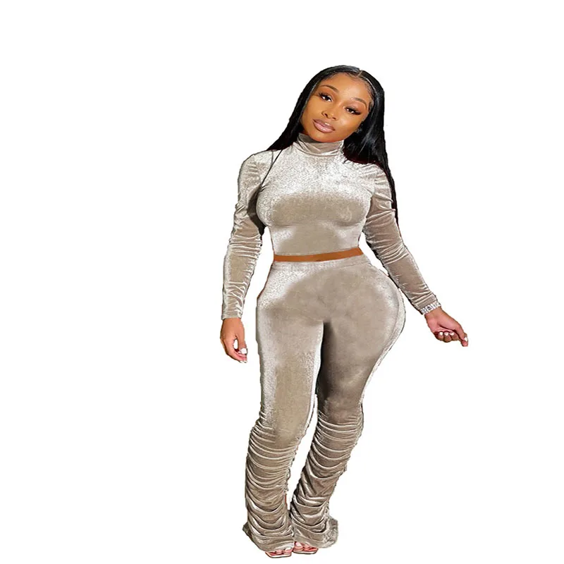 

Solid Color High Waist Long Sleeve Sexy Tops & Pleated Bell-Bottoms Casual Suit for Women 2020 Autumn New Style Two Piece Set