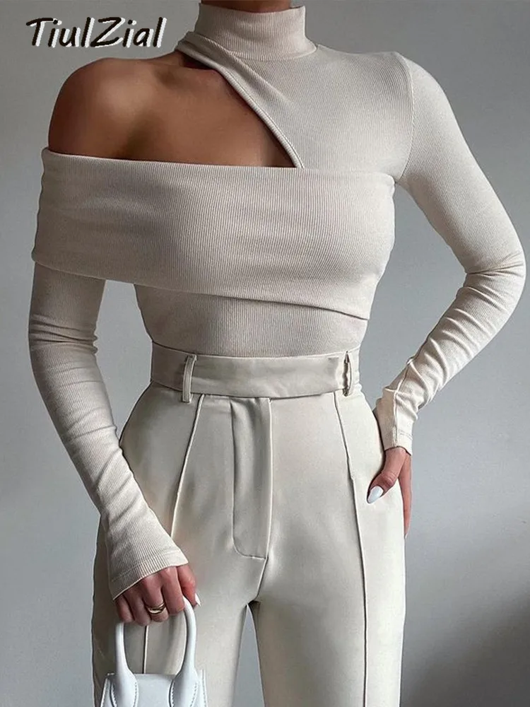 

TiulZial Ribbed Knitted Turtleneck Long Sleeve Top Hollow Out White Sexy Club T Shirt Women Slim Skinny Tee Lady Clothing 2021