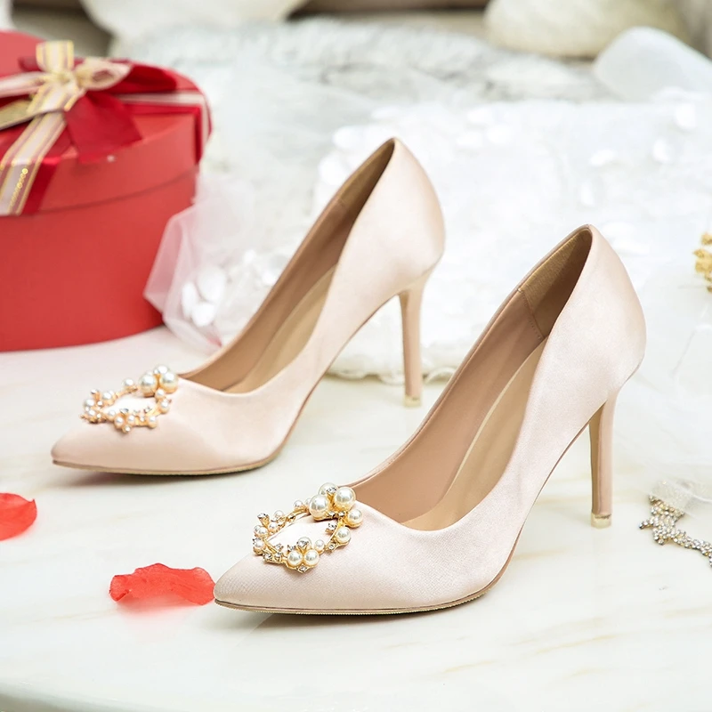

Party Shoes For Female Bridal Shoes Pearl Pump 9cm Red Women's Shoes Bridal Wedding Shoes Champagne Bridesmaid High Heels 7cm