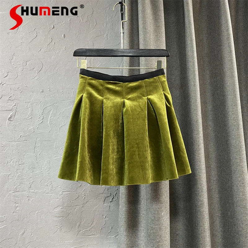

Модная золотистая бархатная плиссированная юбка с высокой талией, женская новая Универсальная облегающая короткая юбка-трапеция для женщи...
