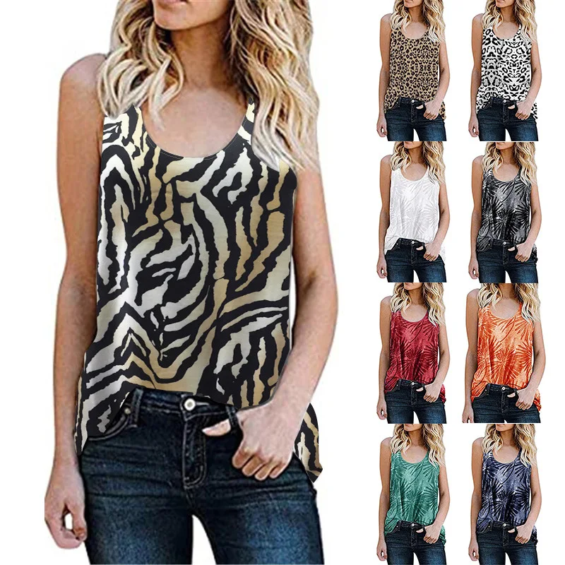 2021 Summer European American Fashion Women's Casual Sleeveless Vest Round Neck Leopard Print Floral Burnt-out T-shirt Blouse