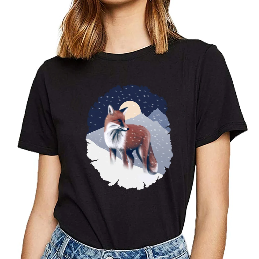 

Tops T Shirt Women fox in the snow O-Neck Vintage Print Female Tshirt