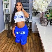 letter printed pattern casual workout suit womens 2pcs tracksuits short sleeve crop top drawstring waist sporty wide leg shorts