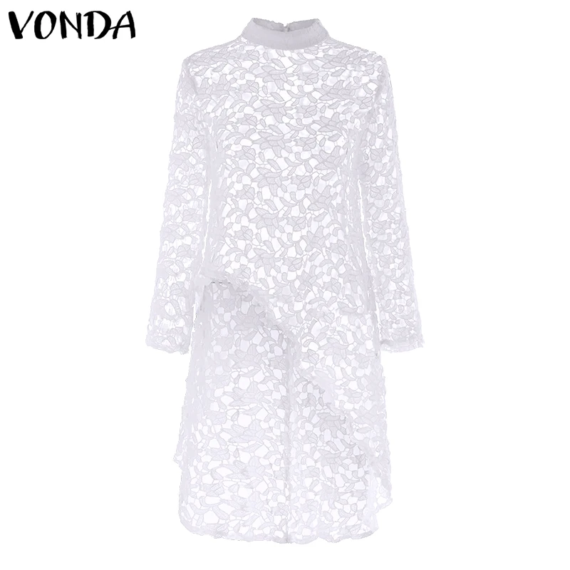 VONDA, кружевная блузка, женские белые топы, Летняя туника, сексуальная, с неровным подолом, полые топы, Сексуальная Блузка, Пляжная блуза, повседневные рубашки, S-5XL - Цвет: Белый